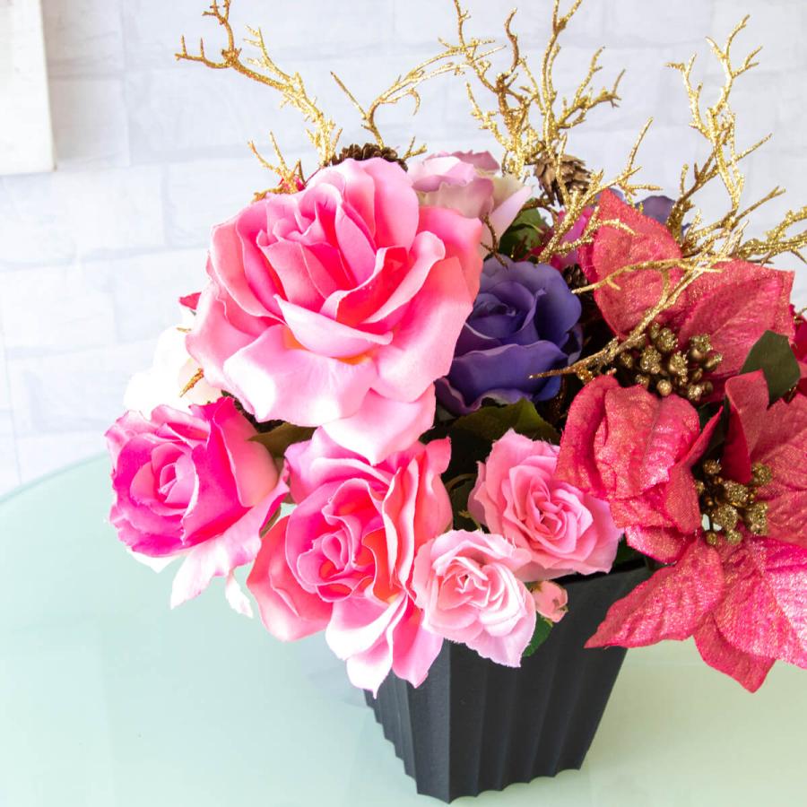 造花テーブルアレンジメント(ポインセチア) 高さ35cm プラスチック鉢