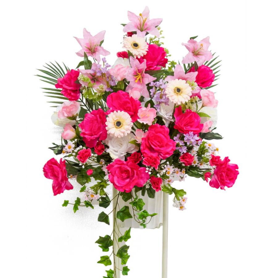 楽天1位 Ps024 Wh 造花お祝い一段スタンド花 ローズ ガーベラ タイガーリリー トルコキキョウ ピンク系 Whスタンド 超目玉 Zoetalentsolutions Com