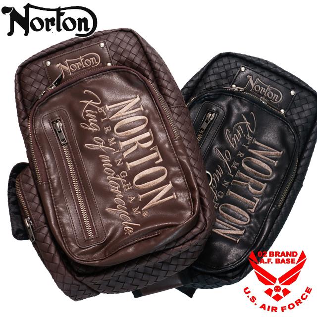 ノートン（NORTON） ロゴ刺繍 編み込み スクエア型 PUレザー ボディ 