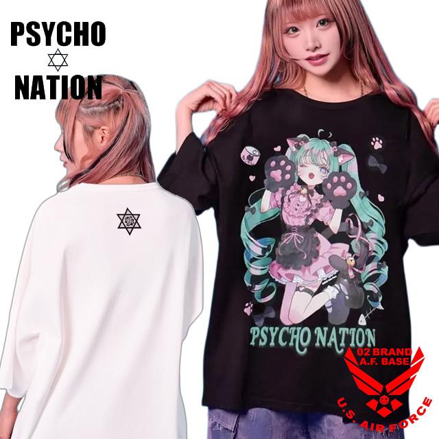 サイコネーション 寝田ルネコラボ ネコ耳メイド プリント 半袖Tシャツ