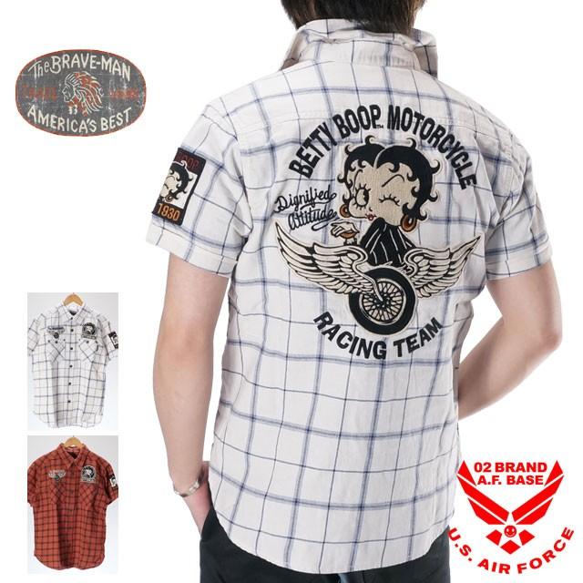 アウトレット!!ブレイブマン ベティブープコラボ フライングホイール刺繍 チェック 半袖シャツ メンズ THE BRAVE MAN BETTY