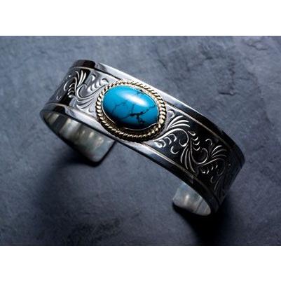 美品 FIRST ARROW'S シルバー ターコイズ カラ草 タタキ バングル 美品 FIRST ARROW'S シルバー ターコイズ カラ草 タタキ バングル
