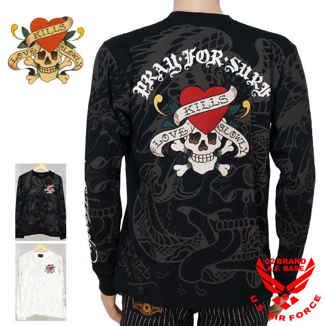Ed Hardy エド・ハーディー ハートスカル刺繍 総柄 長袖Tシャツ Ed Hardy エド・ハーディー ハートスカル刺繍 総柄 長袖Tシャツ