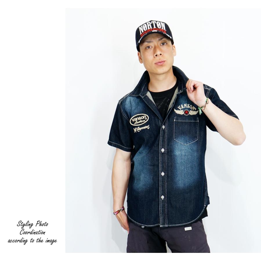 ヴィンテージ　ＶＡＮＳＯＮ　ヒューマンボーン　オパール加工デニムシャツ VANSON（バンソン） リボンスター刺繍 デニム ワーク半袖シャツ メンズ