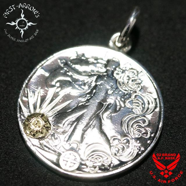 ポイント2倍!!ファーストアローズ K18付 サン&アラベスク彫り ウォーキングリバティーメタル オールドコイン ペンダントトップ FIRST ARROWS p-355