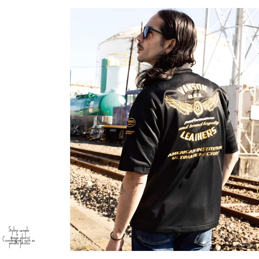 ★楽々ストレッチ素材 VANSON メッシュワークシャツ TVS2505S 半袖 VANSON（バンソン） フライングホイール刺繍 ストレッチ メッシュ半袖
