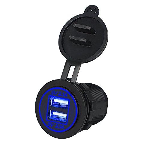 BlueFire USBカーチャージャー 急速充電 2.1A電源ライン 配線取り付ける物 2USBポート 車/オートバイ改造に対応 （青）