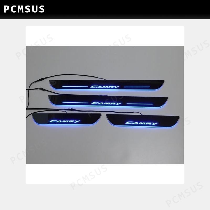純日本製 カムリCAMRY 50系LEDスカッフプレートブルー流れる発光アクリル製LEDステップ ライトランプ鏡面仕様　4枚フルセット