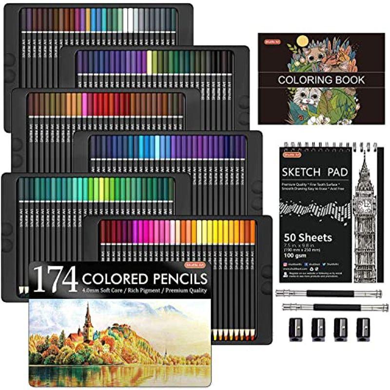 Shuttle Art 色鉛筆 174色セット 油性色鉛筆 大人の塗り絵 メタリック色 スケッチブック 鉛筆削り イラスト デザイン デッサ 素晴らしい品質