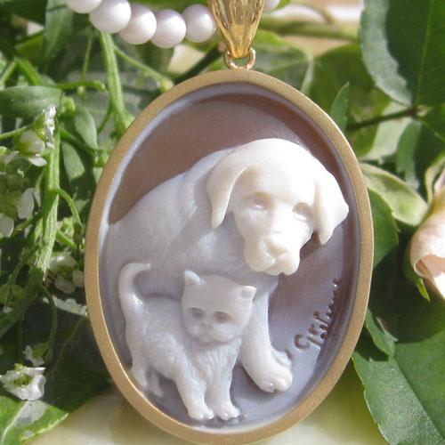 新品猫の親子シェルカメオK18 ペンダントトップ