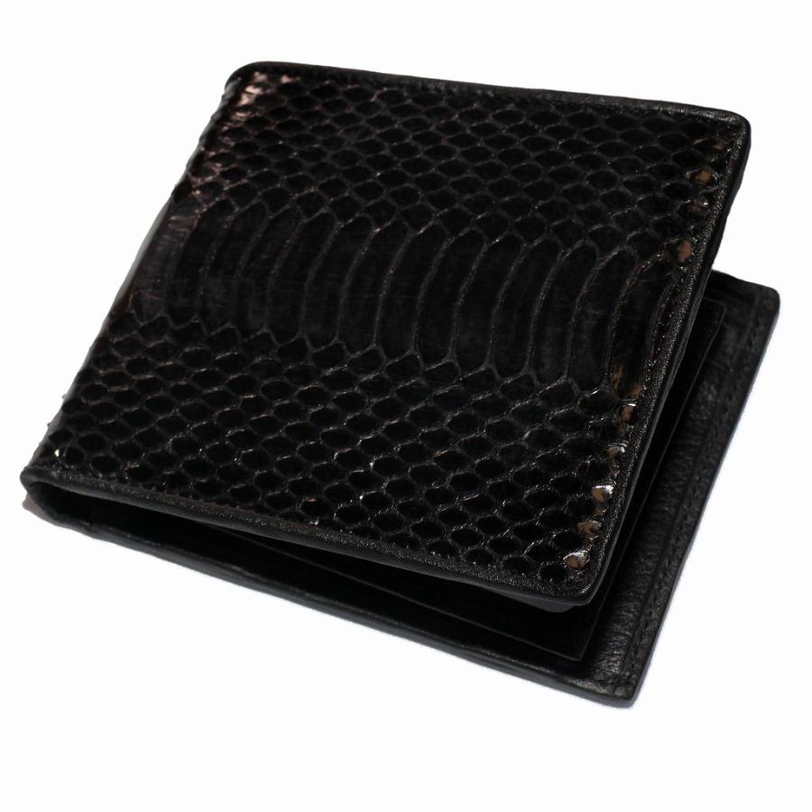 二つ折り 財布 小銭入れ付 水蛇皮 本革 ミズヘビ皮 ブラック（送料無料　メール便）社会人 プレゼントに 11058 | ブランド登録なし