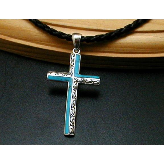 クロス ネックレス メンズ シルバー925 十字架ネックレス ターコイズ ネックレス メンズ ペンダント アラベスク 唐草 かっこいい ハンドメイド牛革付き |  | 01