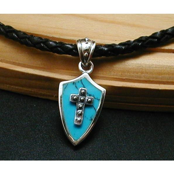 ターコイズの盾とクロス本革組紐ネックレスシルバー925十字架ネックレス メンズネックレス シルバーネックレス 革ひもネックレス |  | 01