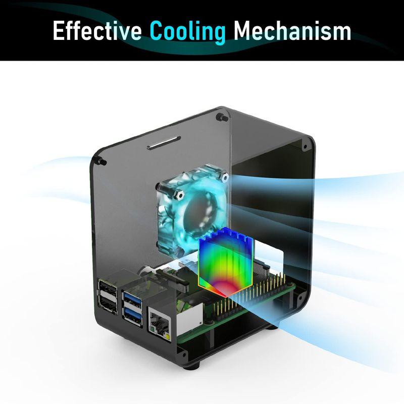 ElectroCookie Raspberry Pi 4ケース アルミミニタワーケース 冷却ファン付き 色が変わる環境ライト付き (マットブ｜110110-3｜05