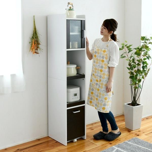 隙間収納 キッチン ミニ 食器棚 幅30 高さ160 ホワイト/ダークブラウン (FKC-1532-WHDB)