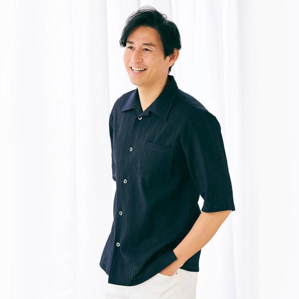 ネイビー 襟付き 半袖シャツ 近江ちぢみ5分袖襟付きシャツ 天然素材 ナチュラル 春夏 メンズ