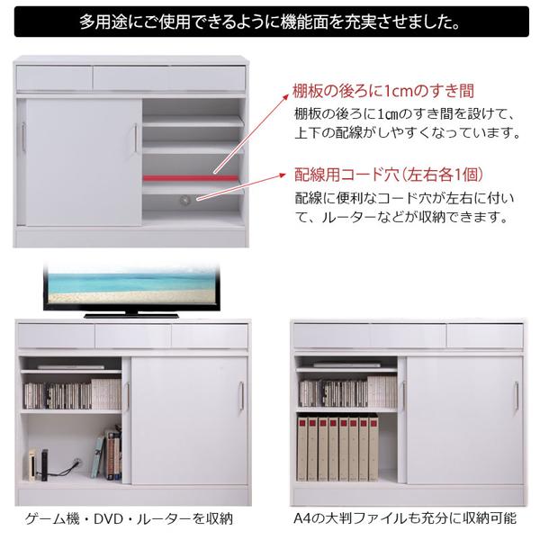 薄型キャビネット 幅110cm 引き戸式扉 SIRO ハイグロスホワイト 収納