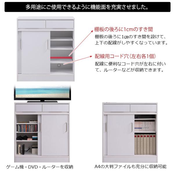 薄型キャビネット 幅80cm 引き戸式扉 SIRO ハイグロスホワイト 収納