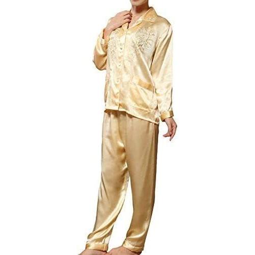 シルクパジャマ レディース 長袖 前開き 絹１００ 花柄刺繍 M イエロー 公式ストア