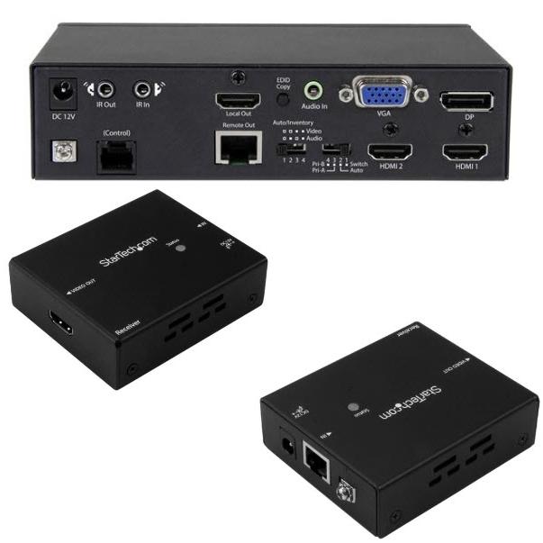 マルチビデオ入力対応HDBaseTエクステンダー延長器セット スイッチ機能内蔵 Cat5e/Cat6ケーブル使用DisplayPort/ VGA/ HDMI切替器 4K対応 STDHVHDBT | 