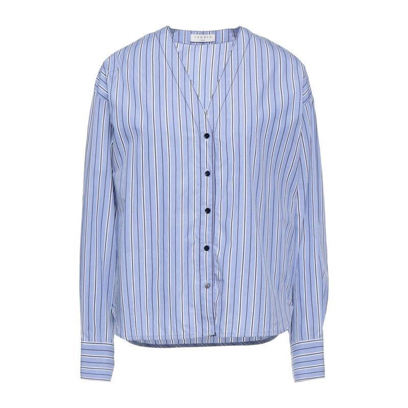 即納 大特価 レディースファッション ストライプ柄シャツ Sandro サンドロ パステルブルー 長袖 シャツ ブラウス トップス 長袖 サイズ 4 Baskincoffee Vicom Corp Com