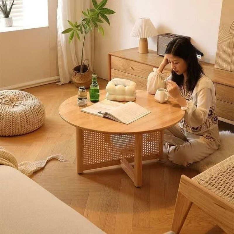 丸型コーヒーテーブル ローテーブル 木製 80*40cm 棚付き 天然木