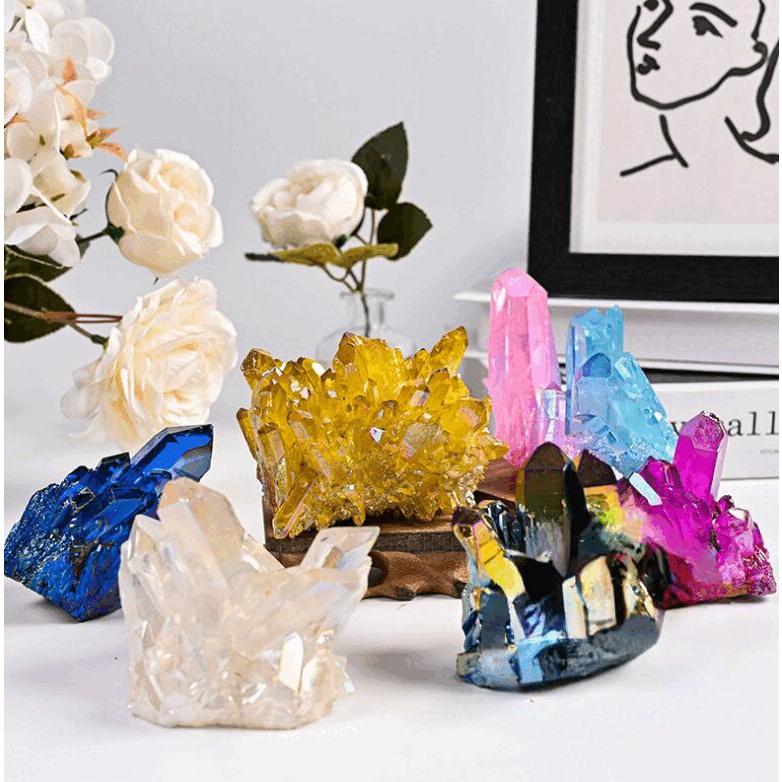 天然水晶 電気メッキ クリスタルクラスター|多彩な結晶 インテリア