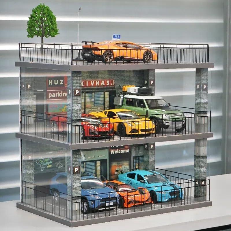 ダブルフロア 照明付き カーモデル展示ジオラマ ミニカー コレクションケース 1:24スケール 2階建て駐車場ジオラマ ミニカー展示ケース LEDライト