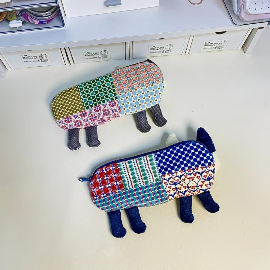 ペンケース レザー調 猫刺繍デザイン 多機能 コンパクト 文房具収納