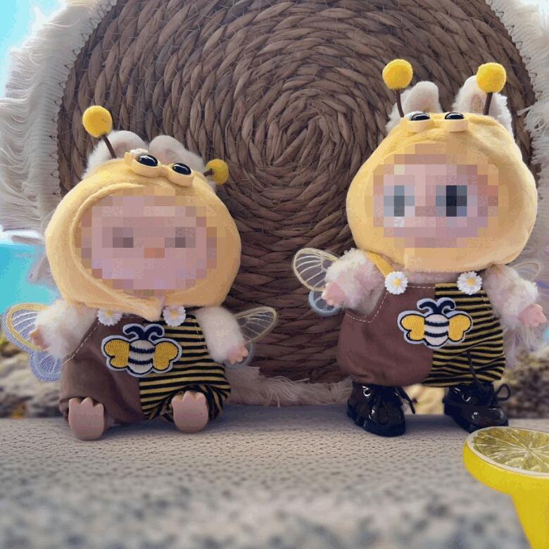 Labubu 17cm対応 ハチ柄ワンピース パーカー付き ドール服 着せ替え