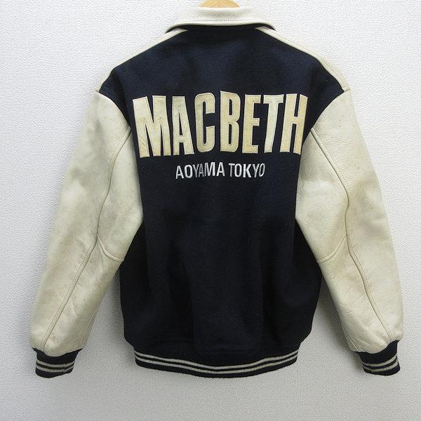y□90'S □マクベス/MAC BETH袖革レザースタジャン□紺/クリーム y□90'S □マクベス/MAC BETH袖革レザースタジャン□紺/クリーム