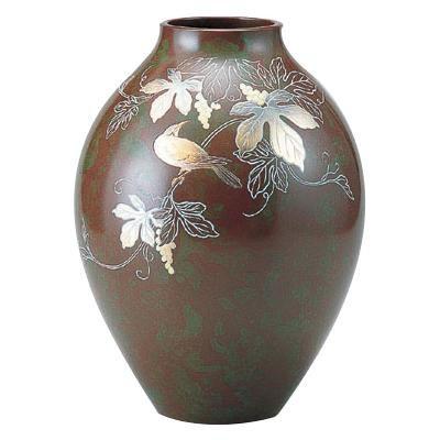 高岡銅器 銅製花瓶　山本秀峰作　新坪形　花鳥　10号　94-01