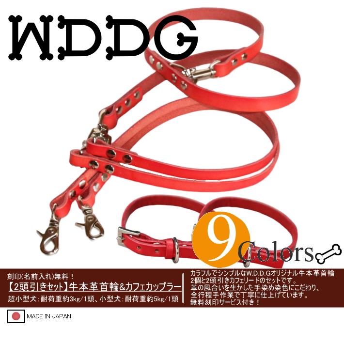 犬 革 2頭引き 首輪 リード セット 名前入り カラフル 本革 カフェ 2頭