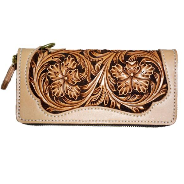 カービングラウンドファスナーウォレット　長財布 バイカーズウォレット 長財布 カービングウォレット ラウンド