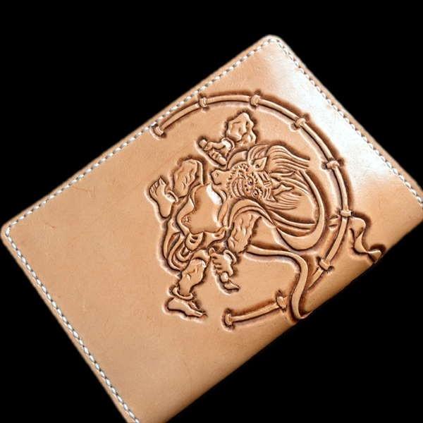 ブックカバー 文庫本 風神雷神 和柄 カービング 本革 革製