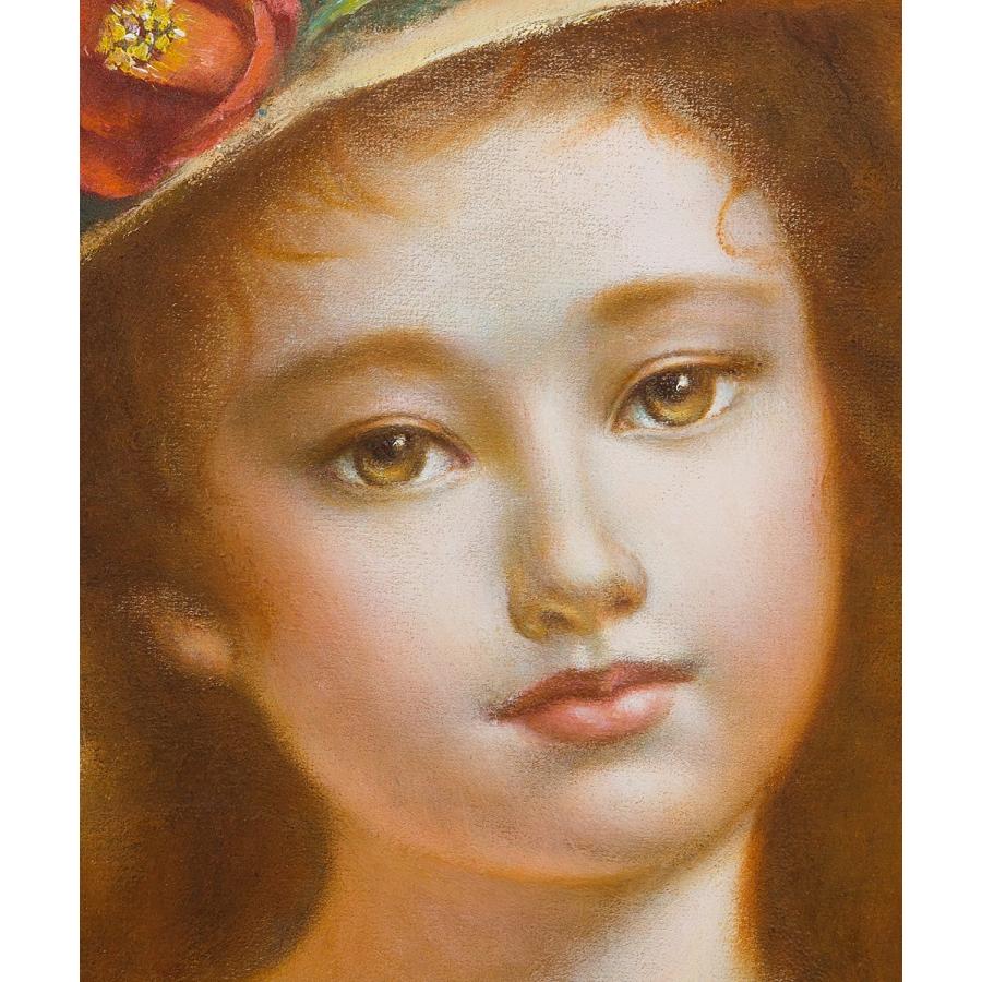 【1on1】真作 進徹 『椿の帽子の少女』 油彩 キャンバス 6号 額装 ■ 柔らかな筆致で描かれたどこか懐かしく慈愛に満ちた少女の逸品_3
