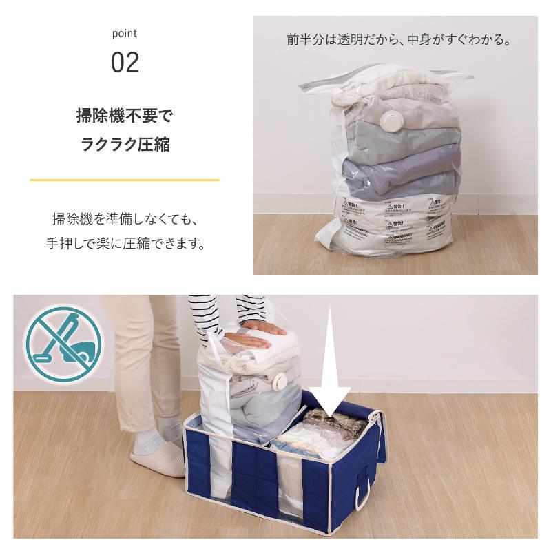 圧縮袋 衣類 衣類圧縮袋 立体圧縮袋 一体型 収納ボックス ネイビー 仕切り付き マチ付き 掃除機不要 アストロ 623-46 |  | 04