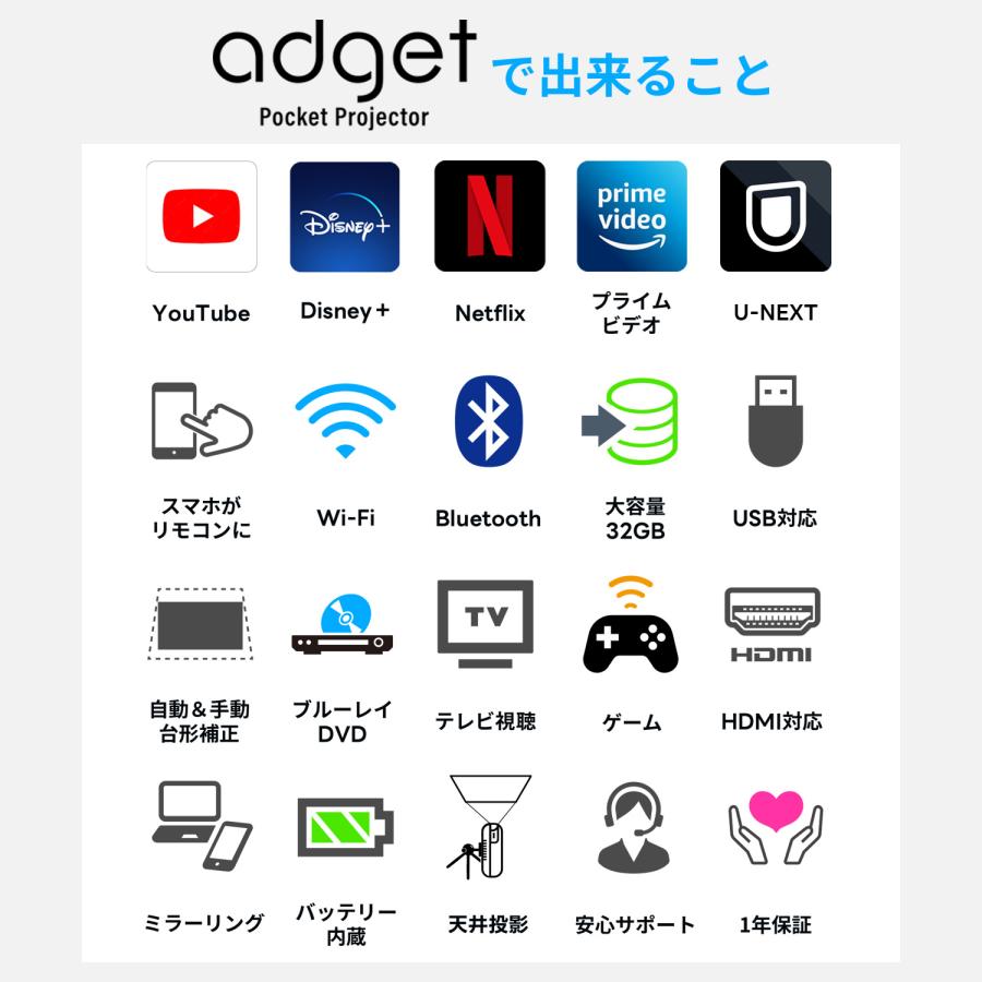 プロジェクター Adget Pocket Projector モバイル バッテリー内蔵 小型 家庭用 小さい 天井投影 インテリア おしゃれ アウトドア Android OS 日本ブランド｜201912｜16