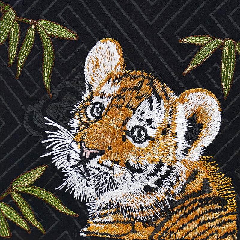 牡丹と獅子＊刺繍帯 唐獅子 ボタン 茶繻子 アンティーク名古屋帯