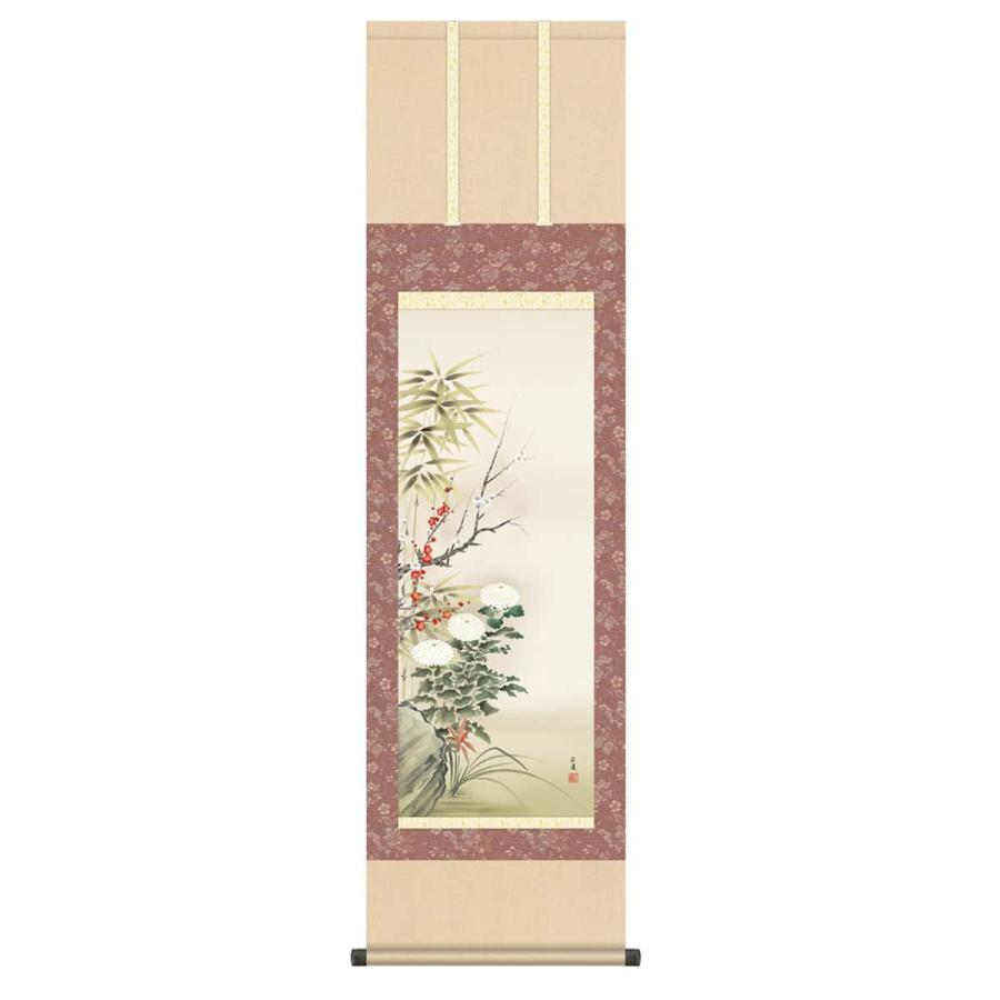 100周年記念祭】掛軸 掛け軸 花鳥画 年中飾り 四君子 洛彩緞子本表装