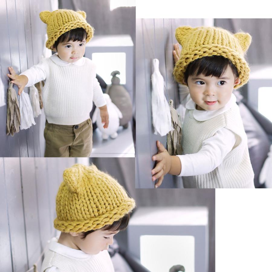 赤ちゃんの毛糸の帽子　猫耳　ハンドメイド ハンドメイド かぎ針編みの赤ちゃんベビー子供用帽子（1–3歳