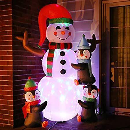 愛用  Snowman Inflatable Christmas Height 6ft and Rotating Colorful with Penguins その他インテリア雑貨、小物