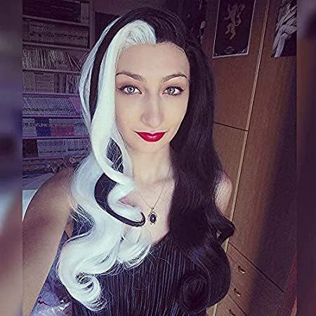 正規品販売！ Wig Front Lace White Half Black Half Imstyle Cruella Costum for Wigs vil de ウィッグ、エクステンション