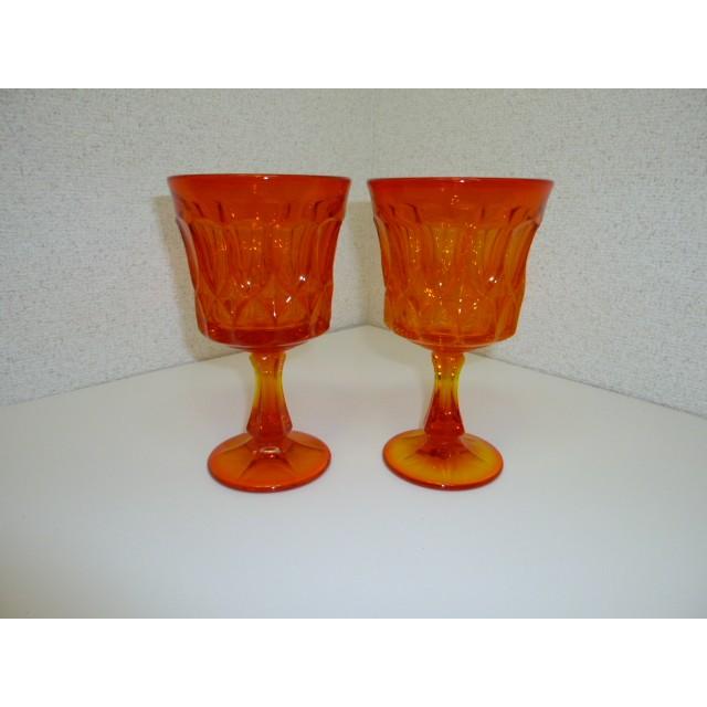 レトロ オレンジガラスの足つきグラス 2客セット 中古 気泡 ギヤマン