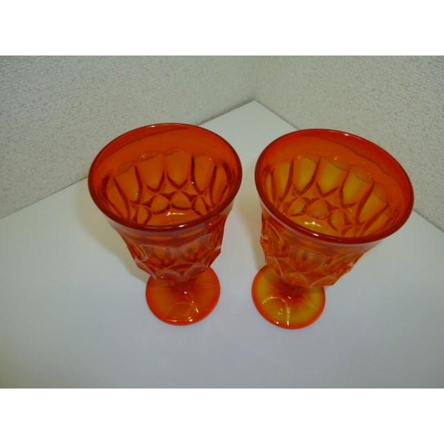 レトロ オレンジガラスの足つきグラス 2客セット 中古 気泡 ギヤマン