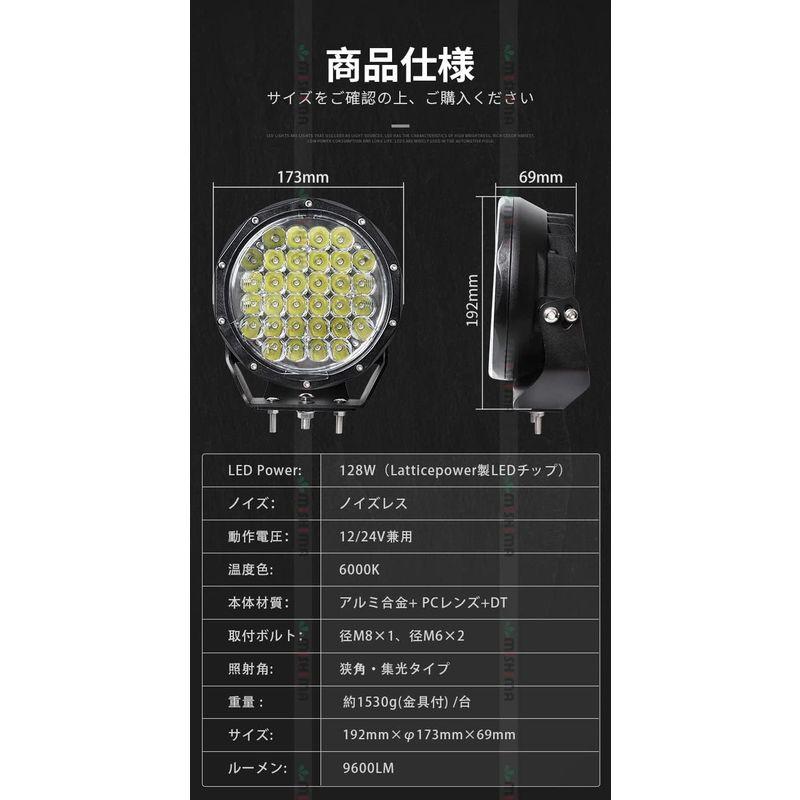作業灯　2台セット　前照灯　丸型　128ｗ　led　12v　集光　狭角　LED作業灯　12V　24V　LEDワークライト　スポット　対応　L