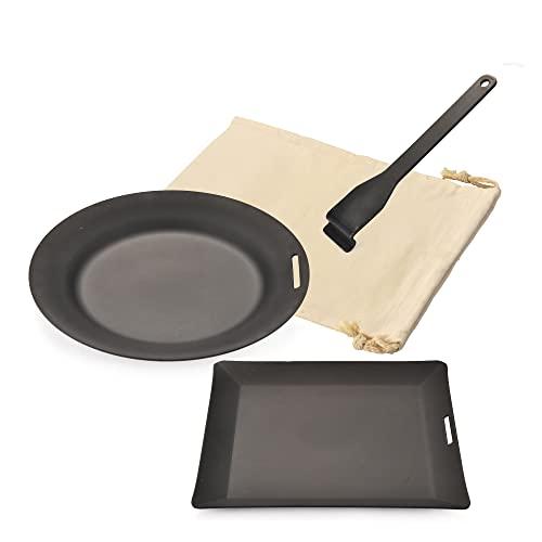 優創 黒皮鉄板 IH対応 鉄板焼き プレート アウトドア グリル バーベキュー キャンプ ハンドル付き がセットコンロ 黒鉄パン (丸+角)