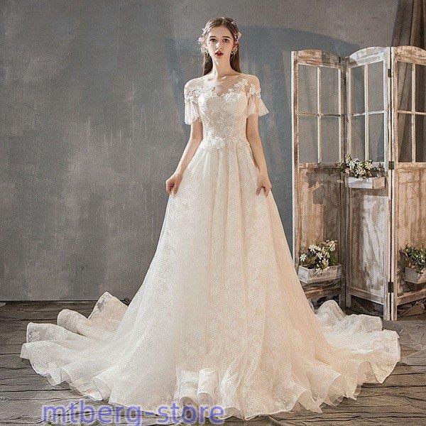 ウェディングドレス ウェディングドレス白 パーティードレス パフスリーブ 花嫁ロングドレス 簡約 結婚式露背 二次会 レース お呼ばれ 挙式