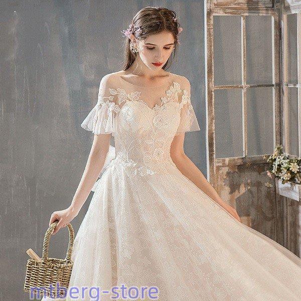 ウェディングドレス ウェディングドレス白 パーティードレス パフスリーブ 花嫁ロングドレス 簡約 結婚式露背 二次会 レース お呼ばれ 挙式