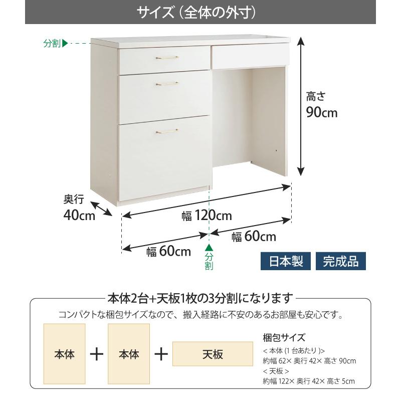 キッチンカウンター 幅120 完成品 120センチ 食器棚 ロータイプ 引き出し ゴミ箱上 収納棚 ステンレス天板 開き戸 キッチン収納 EUブランド planche プランシェ_12